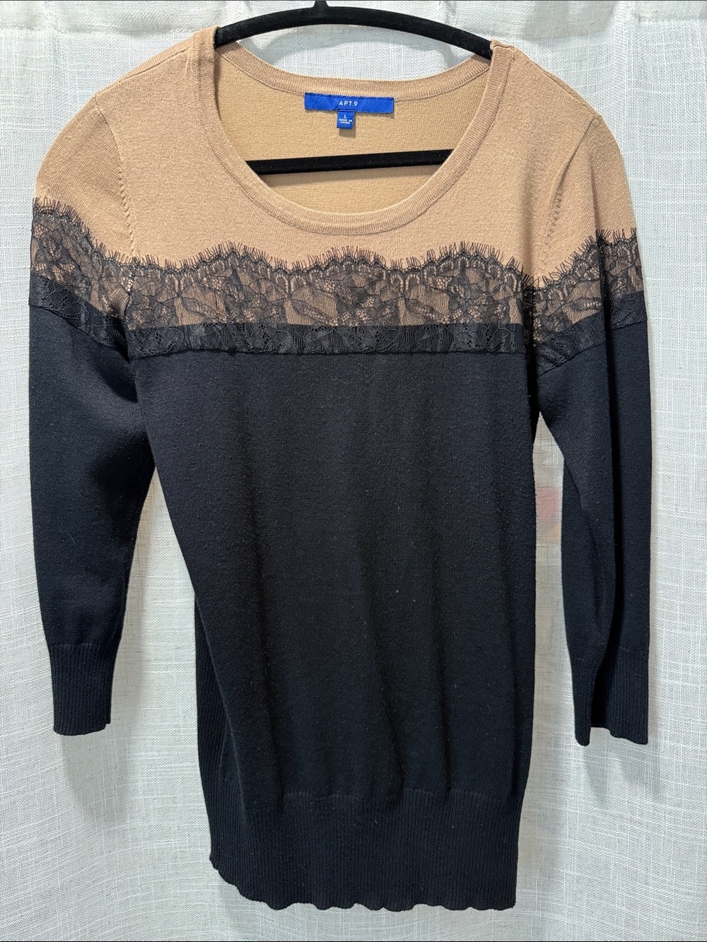Apt. 9 Black and Camel Lace-Trim Scoop Neck Sweater